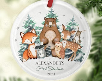 Babys First Christmas Ornament, Personalized Baby Xmas, Woodland animal Forest bear Template  Instant Download