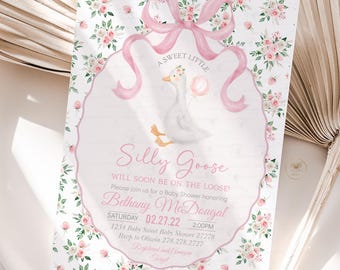 Silly Goose Baby Shower Invitation, Coquette Bow Goose Baby Shower Invite, Preppy Girl Baby Shower Editable Printable Template Download SG7
