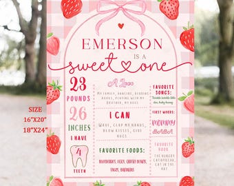Berry Milestone Birthday Poster  Strawberry 1st Birthday Chalkboard sign Berry Bow 1st birthday Editable  Instant download template BK1