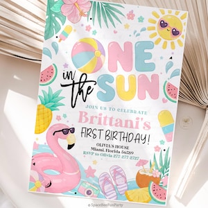 Inbjudan till 1-årsdagen One In The Sun: Poolparty, strandsommartema (redigerbar mall) CH8