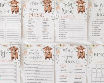 Highland Cow Baby Shower Games Holy Cow Baby Boho Game Bundle, Cow Themed Bingo The Price Is Right, Printable Template Digital HCG1