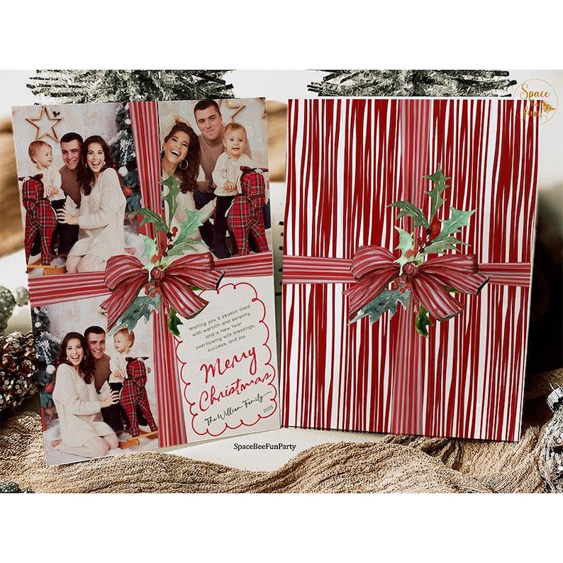 May include: Christmas cards featuring family photos, adorned with red and white striped ribbon and holly accents. One card displays a family photo with the text "Merry Christmas" and the family name. The other card has a red and white striped design.