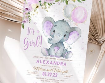 May include: Baby shower invitation featuring a watercolor illustration of a gray elephant with purple accents and balloons. The invitation reads "It's a Girl!" and includes event details for Alexandra's baby shower, with floral accents.