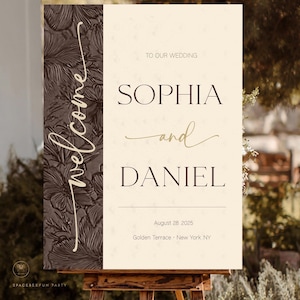 Szablon powitalnego napisu ślubnego, napis ślubny w kolorze czekolady i mokki, elegancki wystrój weselny, złoty i brązowy, do druku, edytowalny, do natychmiastowego pobrania MH7