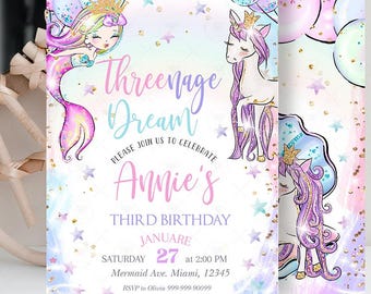 Unicorn Mermaid Birthday Invitation Mermaid Unicorn party Magical Unicorn Little Miss Threenager Dream 3rd Rainbow magical Editable Templ M1