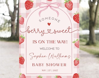 Strawberry Sweet Baby Shower Welcome sign , Berry Sweet Baby Shower Blush Berry, Strawberry Sweet Editable Printable download BK1