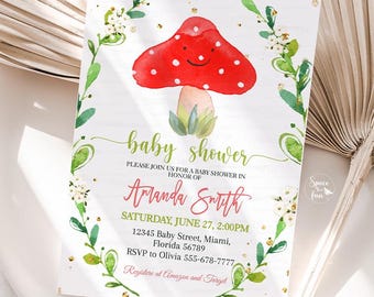 Woodland mushroom baby shower invitation, Editable forest baby shower invitation, Theme Mushroom Template Printable Instant Download MS1