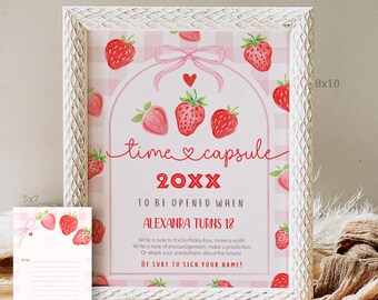Berry Time Capsule and Matching Note Cards Berry 1st Birthday Time Capsule First Birthday Strawberry bow EDITABLE Template download BK1