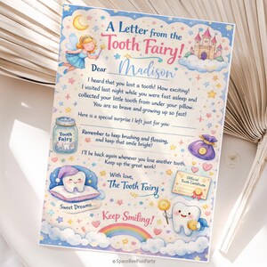 May include: A whimsical Tooth Fairy letter, featuring a fairy illustration, a castle, and a tooth character. The letter is addressed to "Madison" and includes text about losing a tooth, with a space for a special surprise.