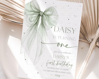 Bow Birthday Invitation Editable Girl First Birthday Invite Sage Green Bow 1st Birthday Any Age Party Coquette Template Printable Downlo QB1
