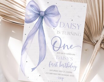 Bow Birthday Invitation Editable Girl First Birthday Invite Pink purple Bow 1st Birthday Any Age Party Coquette Themed Template Download QB1