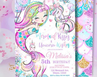 Invitación de cumpleaños editable con besos de sirena y deseos de unicornio, invitaciones para fiesta en la piscina bajo el mar, plantilla de sirena para fiesta en la playa, descarga M1
