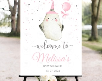 Little Boo Baby Shower Welcome Sign, Halloween Baby Shower Sign, Pink Pumpkin Ghost Editable Printable Template BBB3