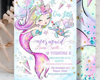 May include: A mermaid-themed birthday party invitation with a unicorn-mermaid illustration. The design includes a mermaid, a turtle, and balloons. The invitation includes the text "Our Little Mermaid" and party details. The colour scheme is pink, purple, and blue.