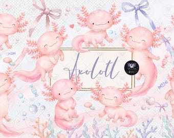 May include: A digital illustration featuring multiple light pink axolotls with smiling expressions, surrounded by soft-colored ribbons, bubbles, and aquatic plants. A central rectangular frame contains the cursive text Axolotl in dark purple.