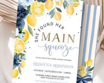 Main Squeeze Blue Lemon Brautdusche Einladung, Citrus Floral Bearbeitbare Vorlage Digitaler Download L1