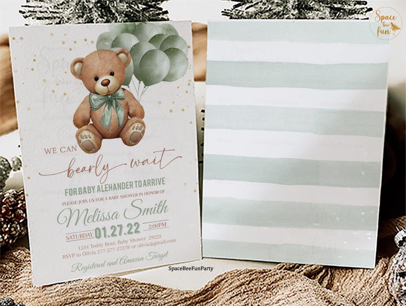 May include: Baby shower invitation featuring a watercolor teddy bear holding balloons. The invitation reads "We can bearly wait for baby Alehander to arrive." The back of the invitation has horizontal stripes in shades of green and white.