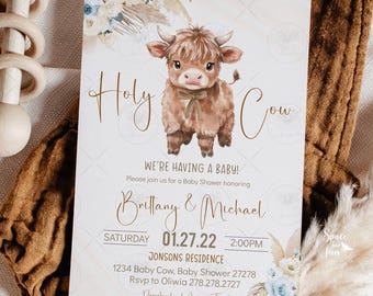 Highland Cow Baby Shower Invitation Boy, Holy Cow Baby Party Boho, Editable Instant Download Printable Digital HCB1