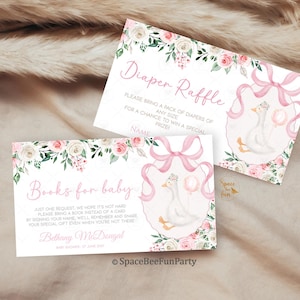 May include: Two baby shower invitation cards with floral and swan illustrations. The cards feature text for a diaper raffle and books for baby. The design includes pink ribbons, flowers, and the text "SpaceBeeFunParty".