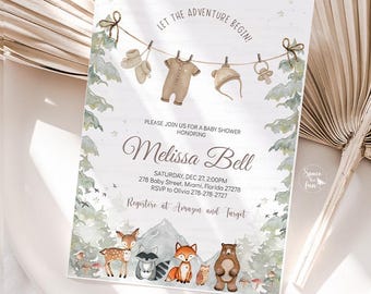 May include: Baby shower invitation with a woodland theme. The invitation features illustrations of baby clothes hanging on a clothesline, along with forest animals. The text reads "Let the adventure begin!" and includes the honoree's name, date, time, and RSVP information.