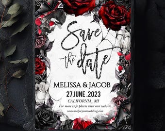 May include: A Save the Date card with a gothic theme. The card features a white background with the text "Save the Date" in a script font. It is surrounded by red and black roses and bat illustrations. The names Melissa & Jacob, date, and location are also included.