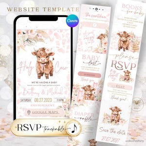 Web Invitation Baby Shower with RSVP link Tracker Highland Cow Holy Cow Baby Party Boho invite Editable Template Canva BSC8