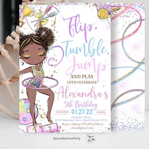 May include: A party invitation featuring a cartoon gymnast with a hula hoop. The invitation has a pastel color scheme with the text "Flip, Tumble, Jump, and Play" and details for Alexandra's 5th birthday.