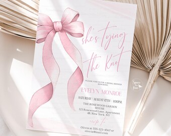 She's tying the knot Bridal shower invitation Editable Bachelorette Party Invite Pink Bow Modern Brunch Printable Template BV1