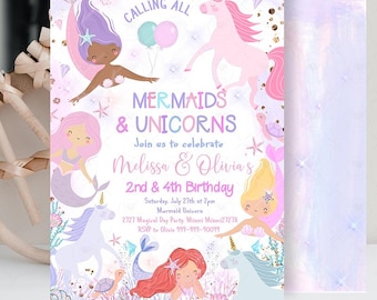 May include: A colorful invitation with mermaids and unicorns. The text reads "Calling All Mermaids & Unicorns" and invites guests to celebrate Melissa & Olivia's 2nd & 4th Birthday. The design includes illustrations of mermaids, unicorns, and aquatic elements.