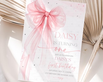 Bow Birthday Invitation Editable Girl First Birthday Invite Pink Bow 1st Birthday Any Age Party Coquette Themed Template Printable Downl QB1