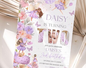 Fairy Birthday Invitation 2nd Birthday Invitation Photo Enchanted Garden Whimsical Fairy Theme Wildflower Editable Digital Template FF1