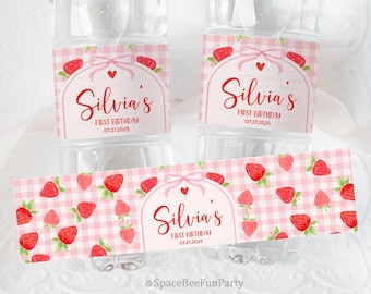 Berry Bottle Label Editable Berry Bow  Girl Water bottle tag Strawberry Party Any age Template Printable download Digital BK1