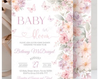 Baby in Bloom Baby Shower Invitation, Garden Wildflower Invite Party EDITABLE Printable Template Digital Downlo U7