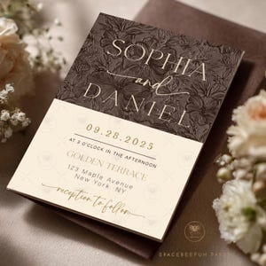 May include: A wedding invitation with a floral embossed design in brown and cream. The invitation includes the names "Sophia and Daniel", the date "09.28.2025", and the location "Golden Terrace, New York, NY". The words "reception to follow" are also included.