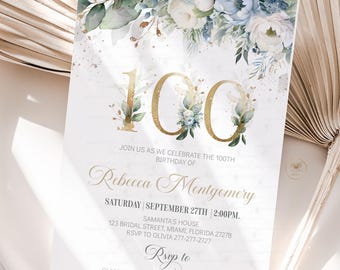 100th birthday Invitation Editable Elegant Floral Eighty Year Old Brunch Invitation 100th birthday invite for her Adult Birthday template A1