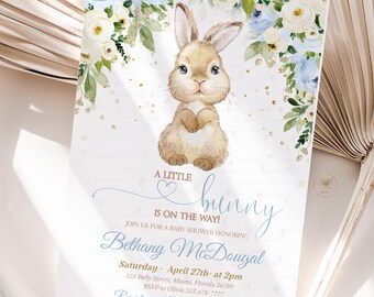 Bunny baby shower Invitation Some Bunny Invite Easter Rabbit Boy Spring Floral Blue and gold Editable Printable Digital Download BU1