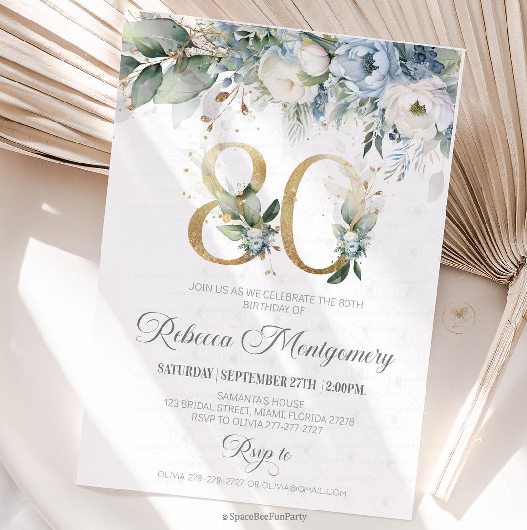 80th Birthday Invitation Editable Elegant Floral Eighty Year Old Brunch ...
