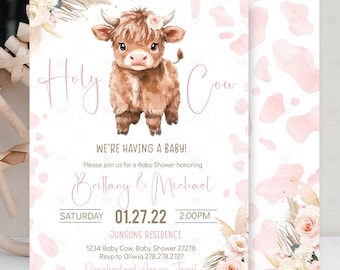 Highland Cow Baby Shower Invitation Girl, Holy Cow Baby Party Boho, Editable Instant Download Printable Digital HCG1
