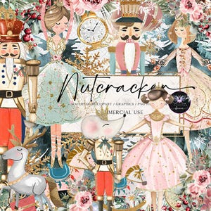 May include: A digital watercolour graphic featuring various Nutcracker-themed illustrations. The image includes a clock, a mouse, a reindeer, and several ballet dancers. The text "Nutcracker" is displayed in a cursive font.