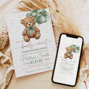 May include: Baby shower invitation featuring a watercolor teddy bear holding green balloons. The invitation reads "We can bearly wait" and includes details for the event, such as the date, time, and RSVP information. The design is soft and inviting.