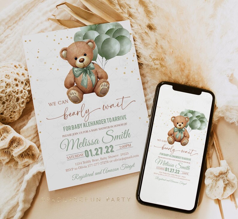 May include: Baby shower invitation featuring a watercolor teddy bear holding green balloons. The invitation reads "We can bearly wait" and includes details for the event, such as the date, time, and RSVP information. The design is soft and inviting.