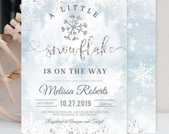 Editable Snowflake baby shower invitation, Winter baby shower is on the way, Boy Winter invites, Template Printable Digital Download DD1
