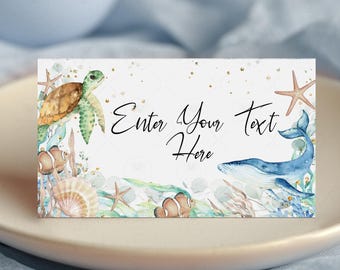Under the sea Baby shower Sea Ocean Whale Shark Fish Editable Buffet label Tent card Food Labels Place Cards Table Card Template Download W8