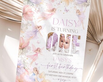Fairy Birthday Invitation 1st Birthday Invitation Photo Enchanted Garden Whimsical Fairy Theme Wildflower Editable Digital Template FF1