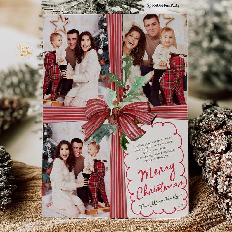 May include: A Christmas card featuring a family photo, adorned with a red ribbon and bow. The card includes the text "Merry Christmas" and "The William Family 2025". The background is a festive holiday scene.