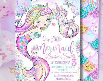 EDITABLE Mermaid Unicorn Birthday invitation, Under the Sea Theme Pool party invites, Beach Party Mermaid Red hair Template  Download M1