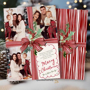 May include: Christmas cards featuring family photos, red and white striped ribbon, and a decorative bow with holly. The cards include the text "Merry Christmas" and a family name, with the year 2025.