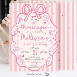 Puede incluir: Invitaci&oacute;n rosa y blanca con un dise&ntilde;o de lazo y las palabras "Little Miss Threenager" y "Melissa's third birthday". La invitaci&oacute;n incluye ilustraciones de maquillaje y zapatos de ballet. La fecha es el 27 de agosto.