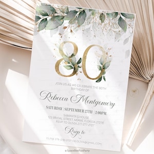 Könnte beinhalten: Eine elegante Einladung zum 80. Geburtstag mit goldenen Ziffern und botanischen Akzenten. Die Einladung enthält den Text "Feiern Sie mit uns den 80. Geburtstag von Rebecca Montgomery" und Veranstaltungsdetails. Das Design zeigt grüne Blätter.