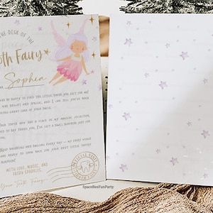 K&ouml;nnte beinhalten: Ein Set aus Zahnfee-Brief und passender Karte. Der Brief zeigt eine Feenillustration, den Text "From the Desk of the Tooth Fairy" und personalisierten Text. Die Karte hat ein Sternmuster.
